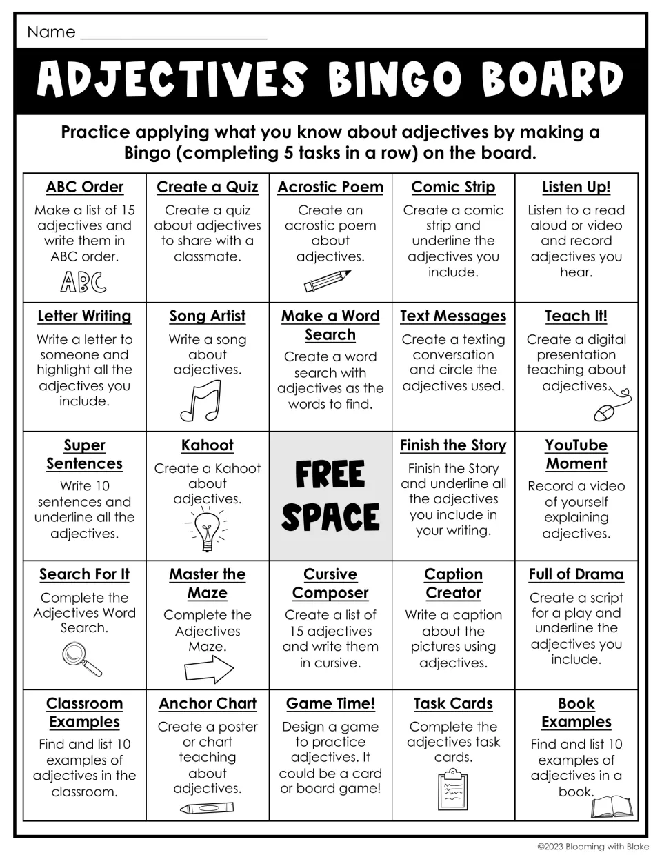 Adjectives bingo board: students complete 5 tasks in a row from 24 choices like ABC Order, Comic Strip and Kahoot