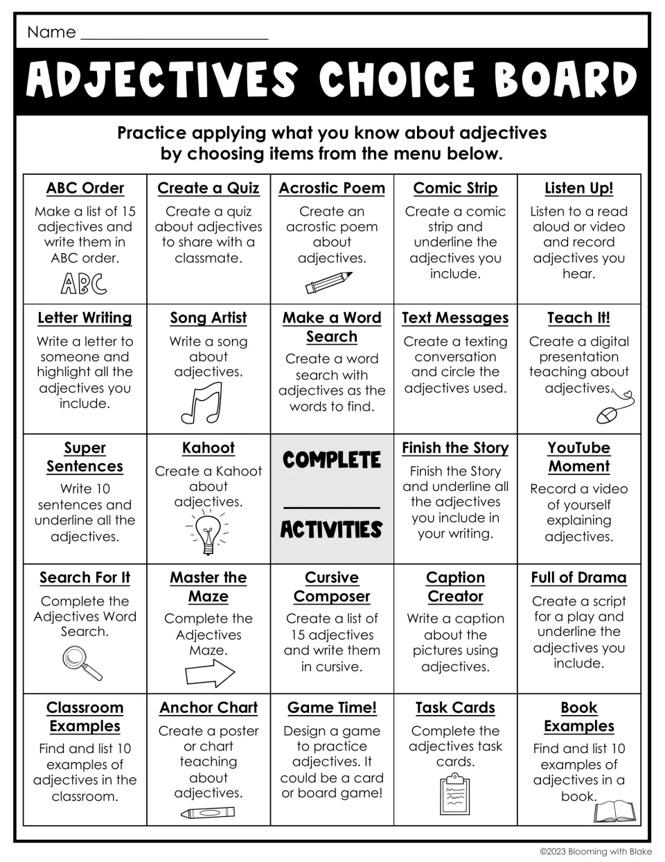 Adjectives choice board: students pick a set number of the 24 adjective tasks, such as Song Artist or Full of Drama