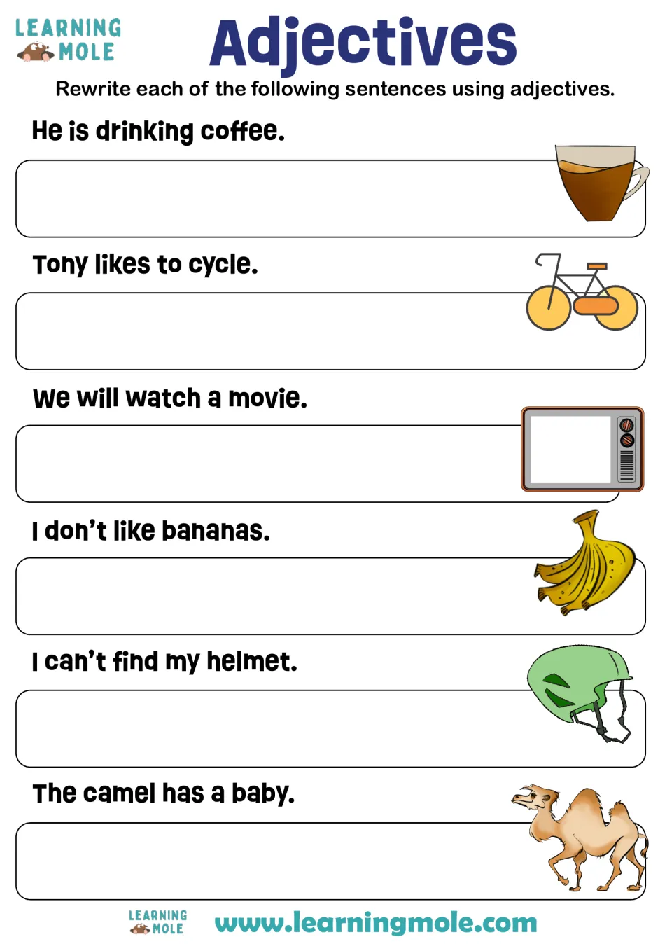 Adjectives: students rewrite six simple sentences, such as He is drinking coffee, adding describing words to each