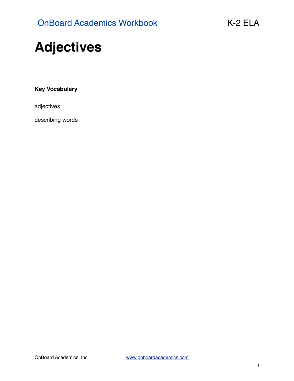 Adjectives unit opener listing the key vocabulary terms adjectives and describing words for students to learn