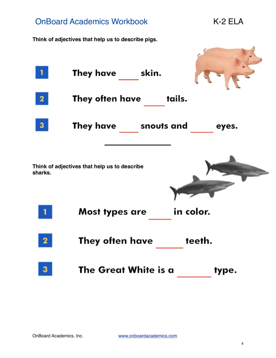 Adjectives for animals: students complete three sentences about pigs and three about sharks, filling each blank