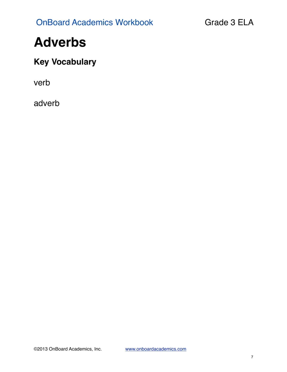 Adverbs unit opener: a Key Vocabulary list naming the terms verb and adverb for students to learn and define