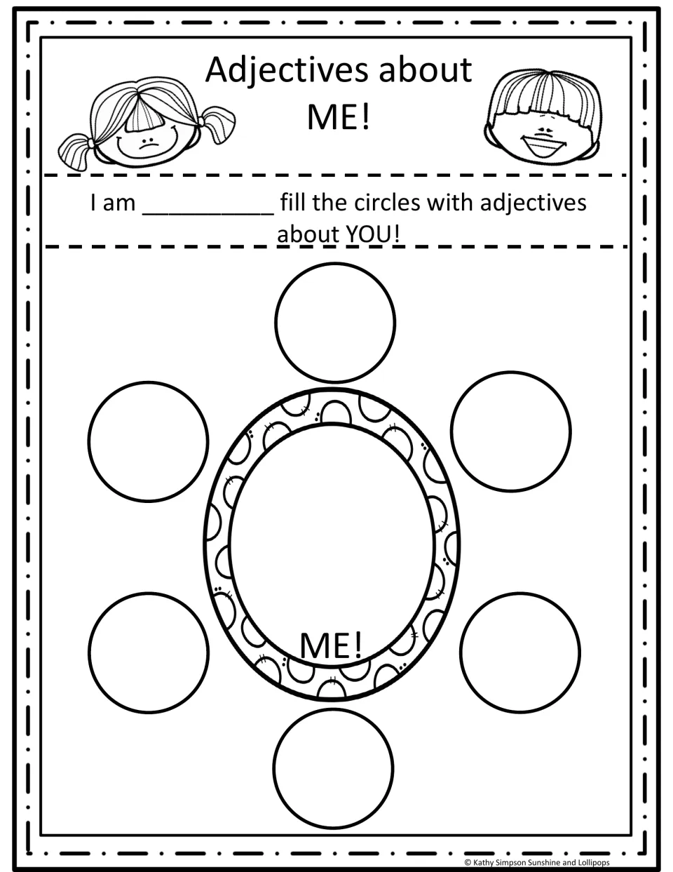 Adjectives about me: students complete "I am ___" and write six describing words about themselves around a ME! oval