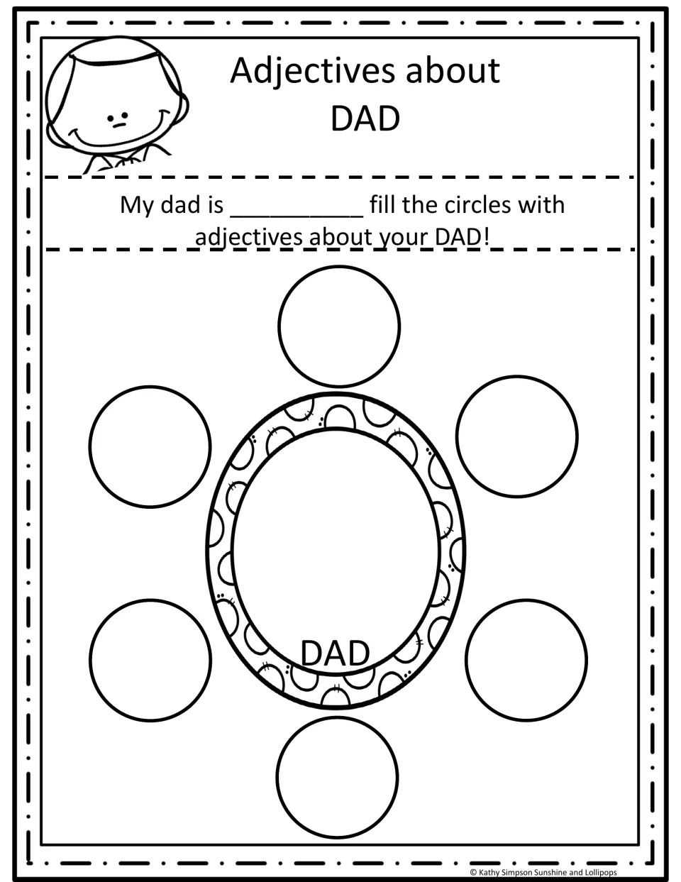 Adjectives about Dad: students finish "My dad is ___" and write six words describing their dad in a word web