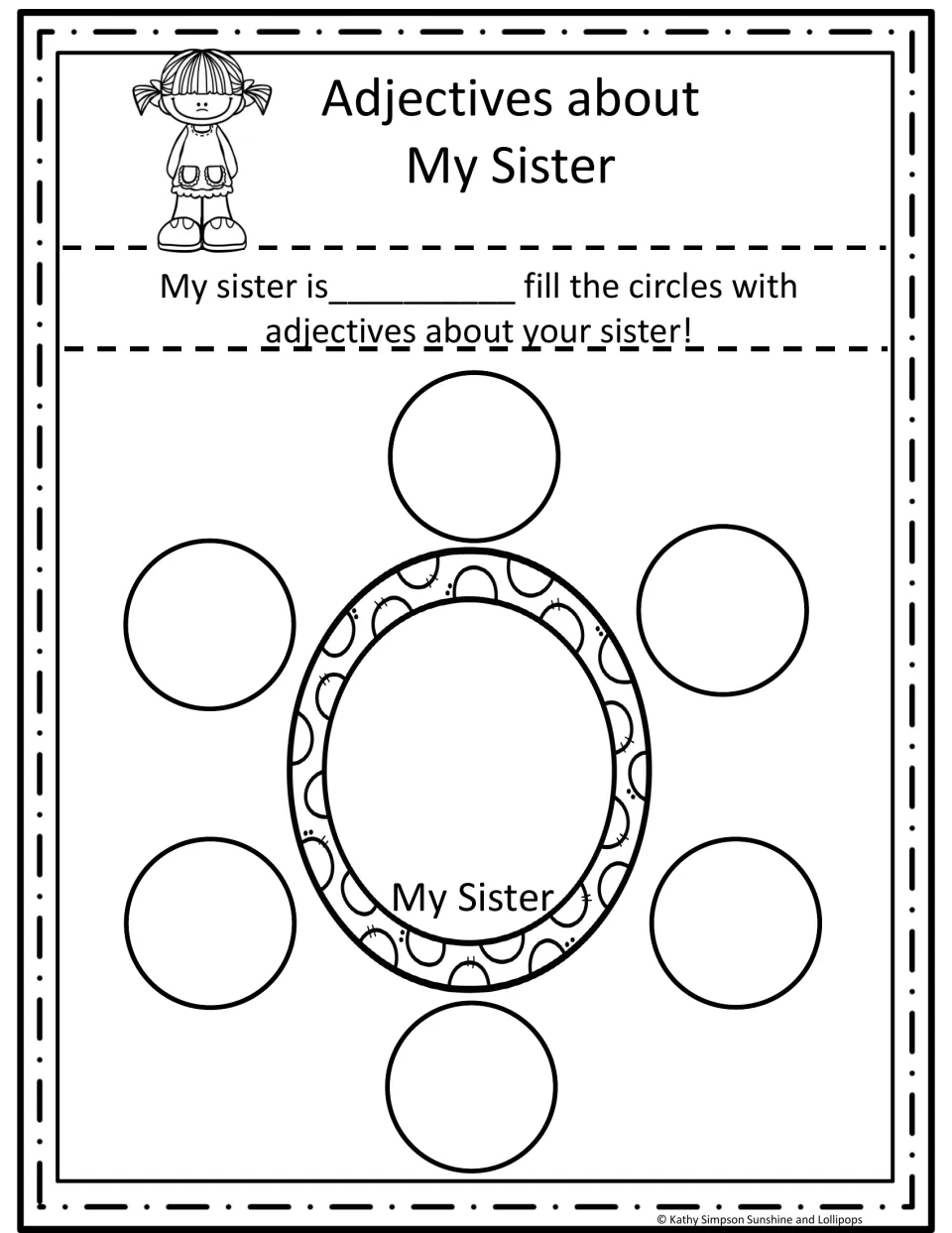 Adjectives about my sister: students finish "My sister is ___" and fill six bubbles with words describing her