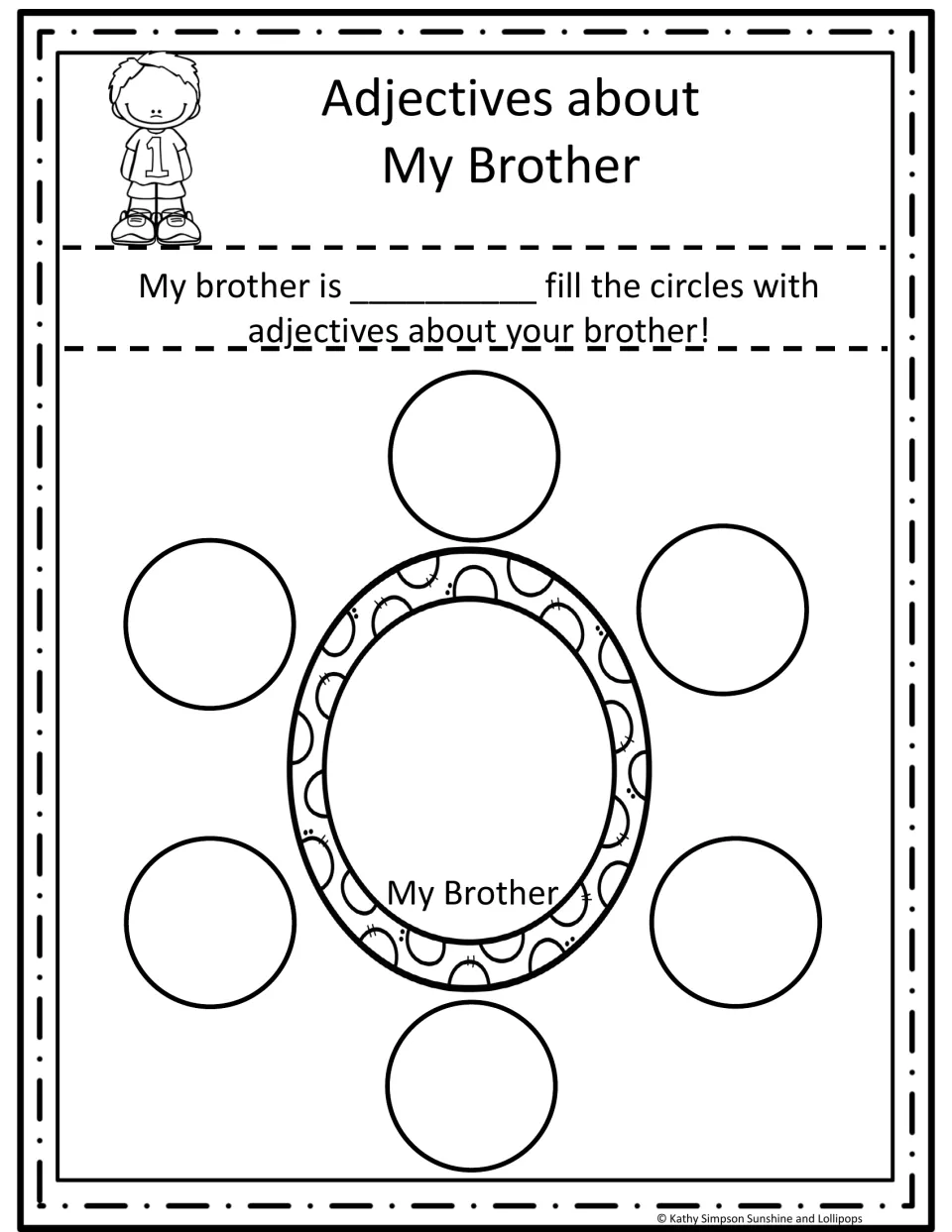 Adjectives about my brother: students complete "My brother is ___" and add six describing words around the center oval