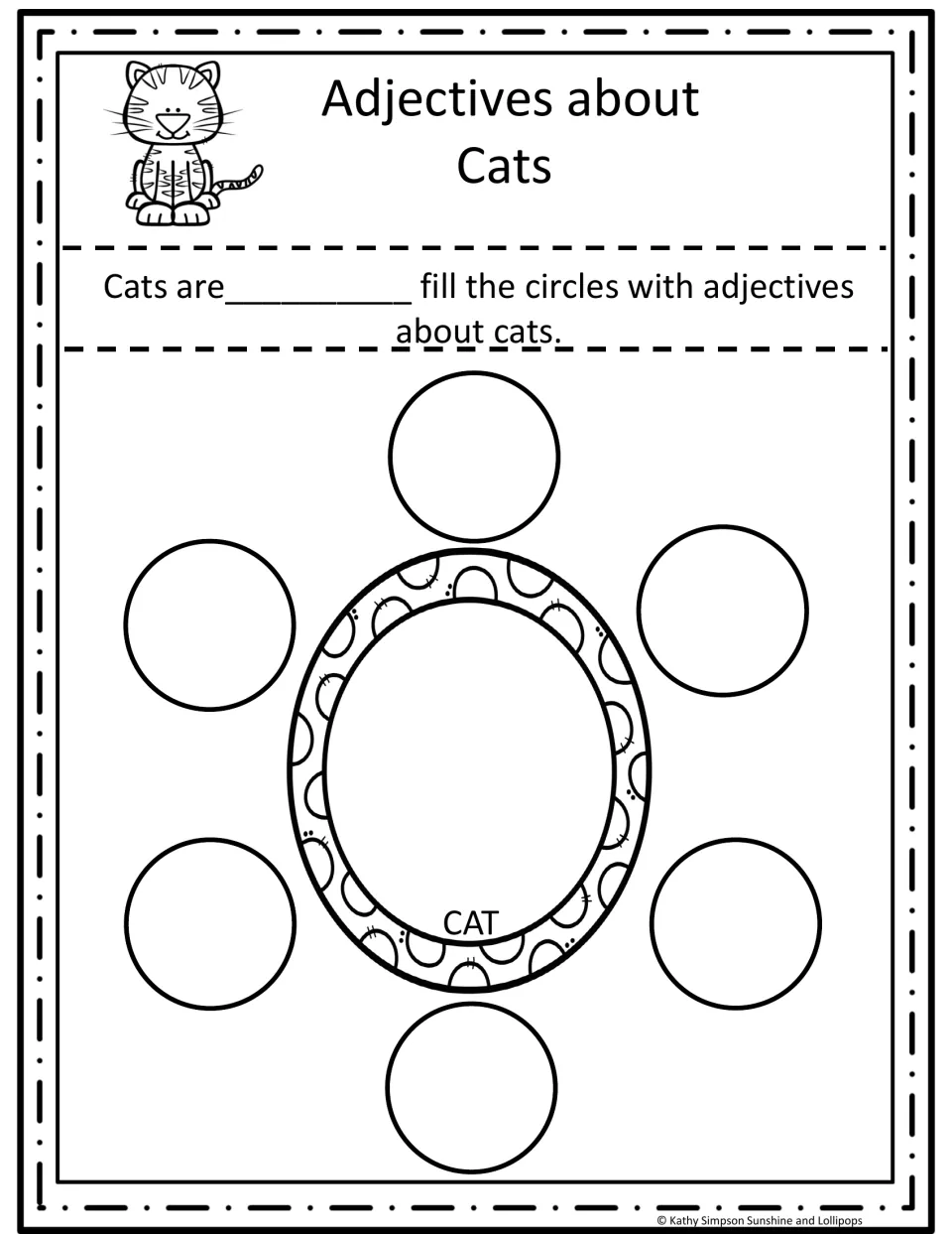 Adjectives about cats: students complete "Cats are ___" and fill a word web with six words that describe them