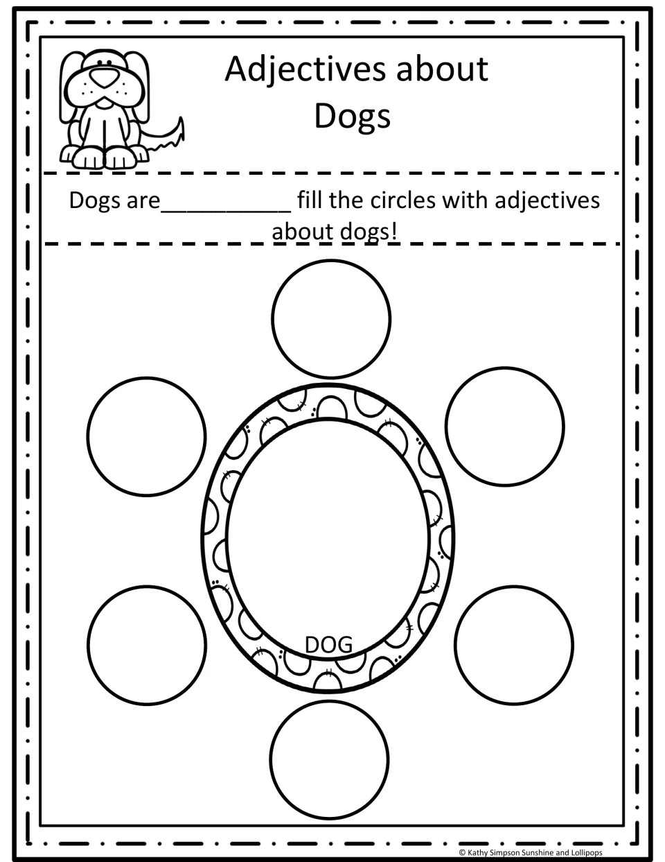 Adjectives about dogs: students finish "Dogs are ___" and brainstorm six describing words for them in the bubbles