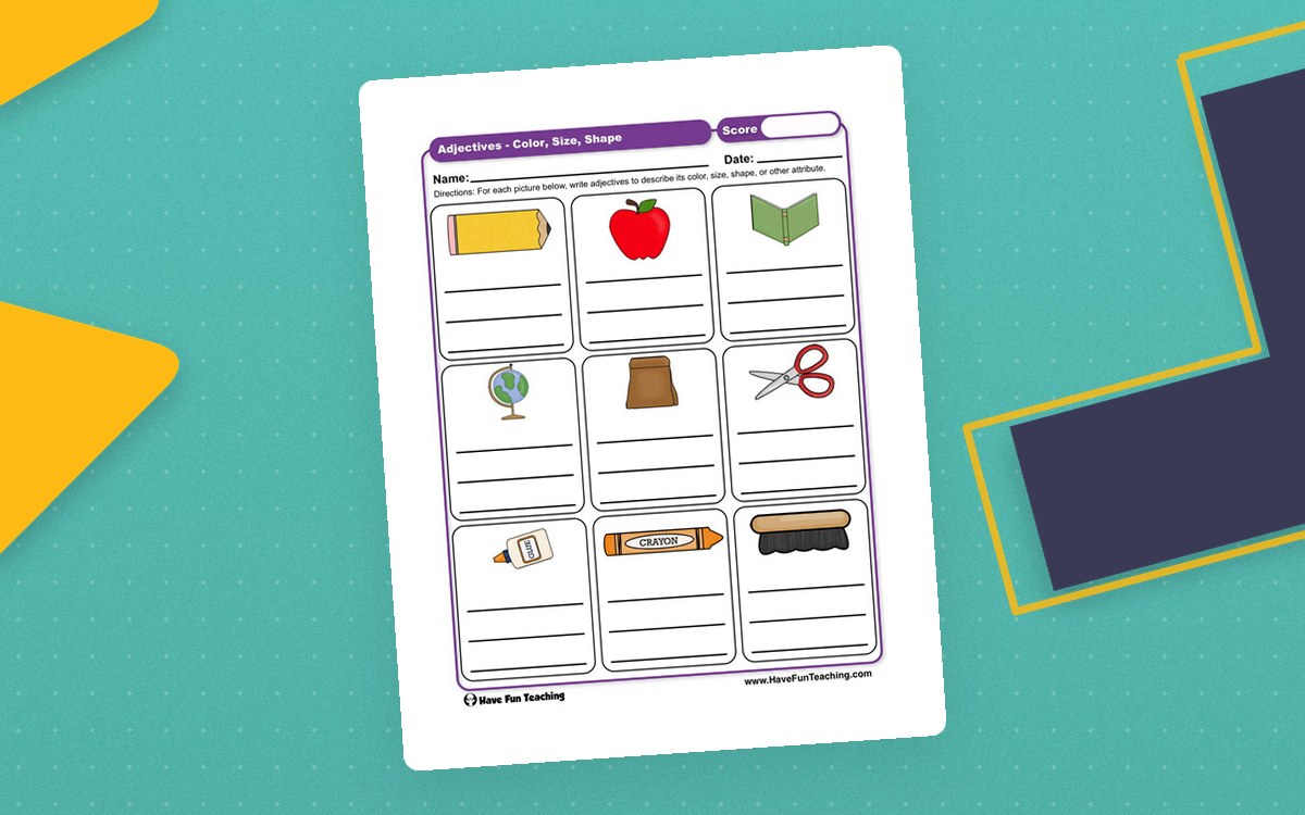 Adjectives worksheet with pictured objects and writing boxes for color, size, shape, and other descriptions