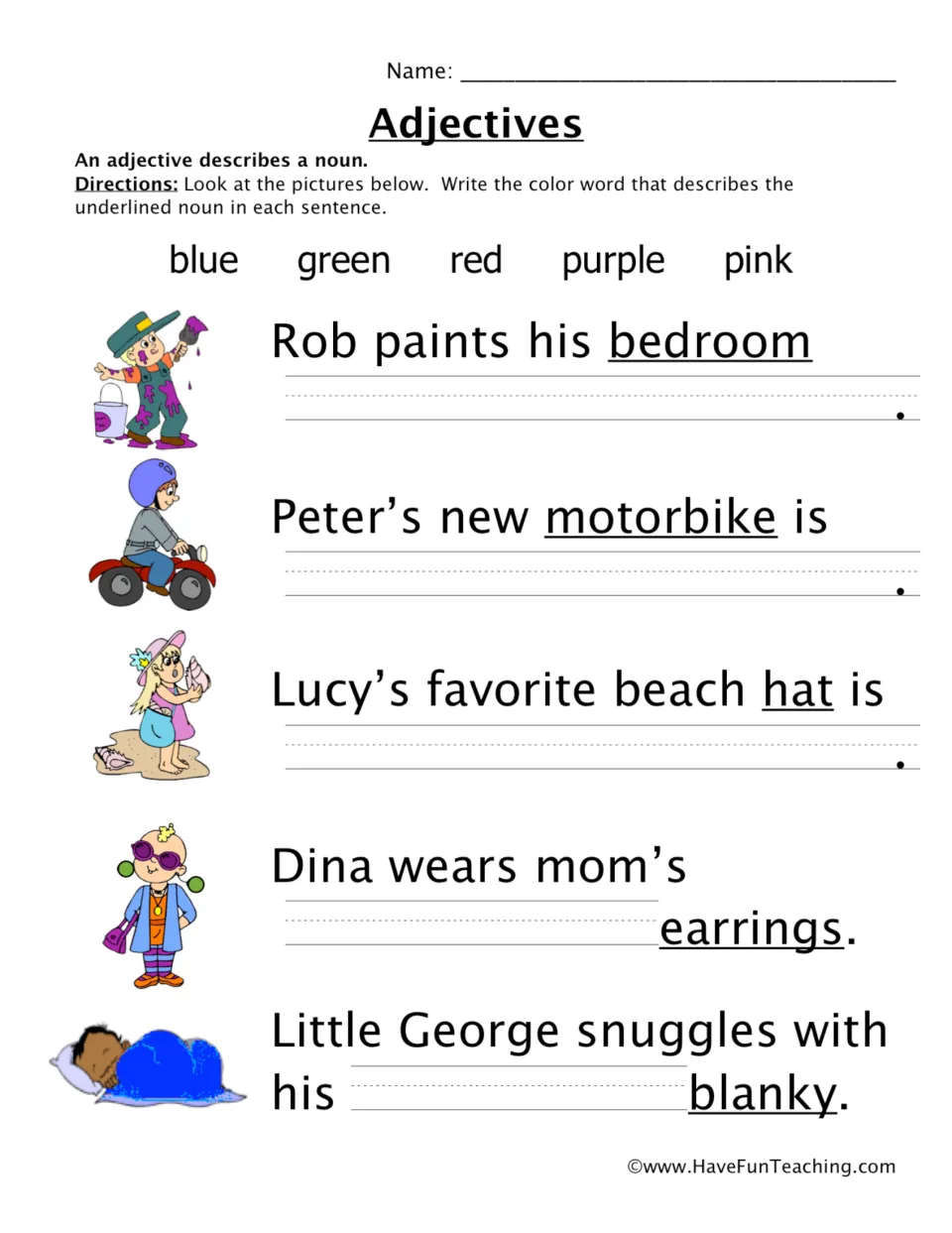 Color adjectives: students look at 5 pictures and write blue, green, red, purple or pink to describe each underlined noun