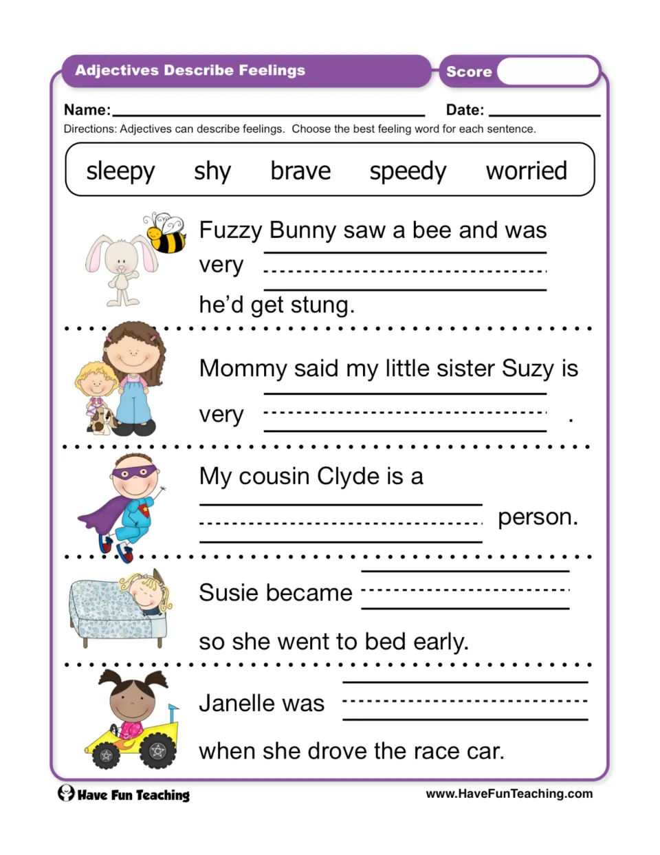 Feeling adjectives: students choose sleepy, shy, brave, speedy or worried to complete five sentences about pictured kids