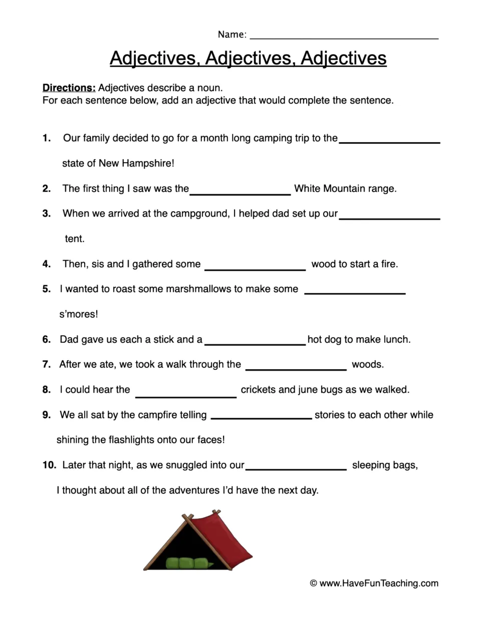 Adjective practice: 10 fill-in-the-blank sentences about a family camping trip to New Hampshire.