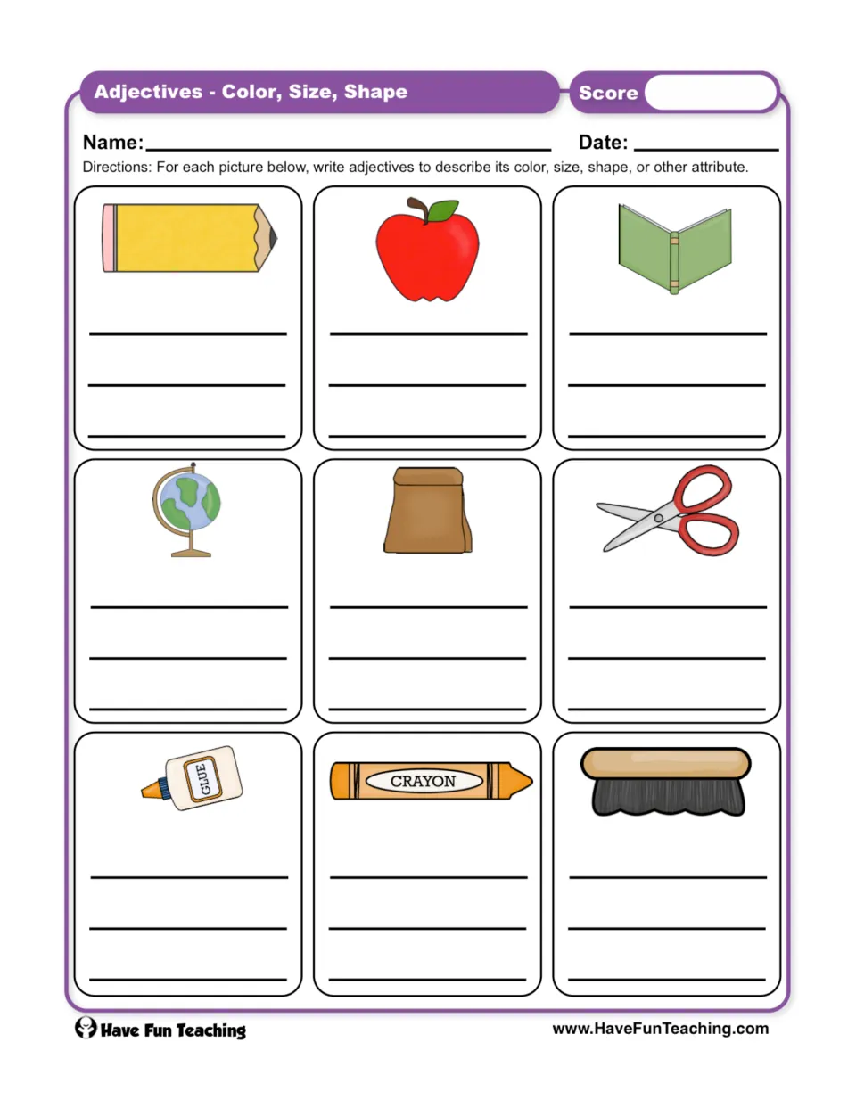 Adjective worksheet for describing nine objects, including a pencil, apple, and book, by color, size, or shape