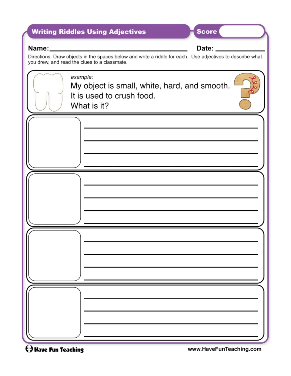 Adjective riddle worksheet with a tooth example and four prompts to draw objects and write descriptive clues
