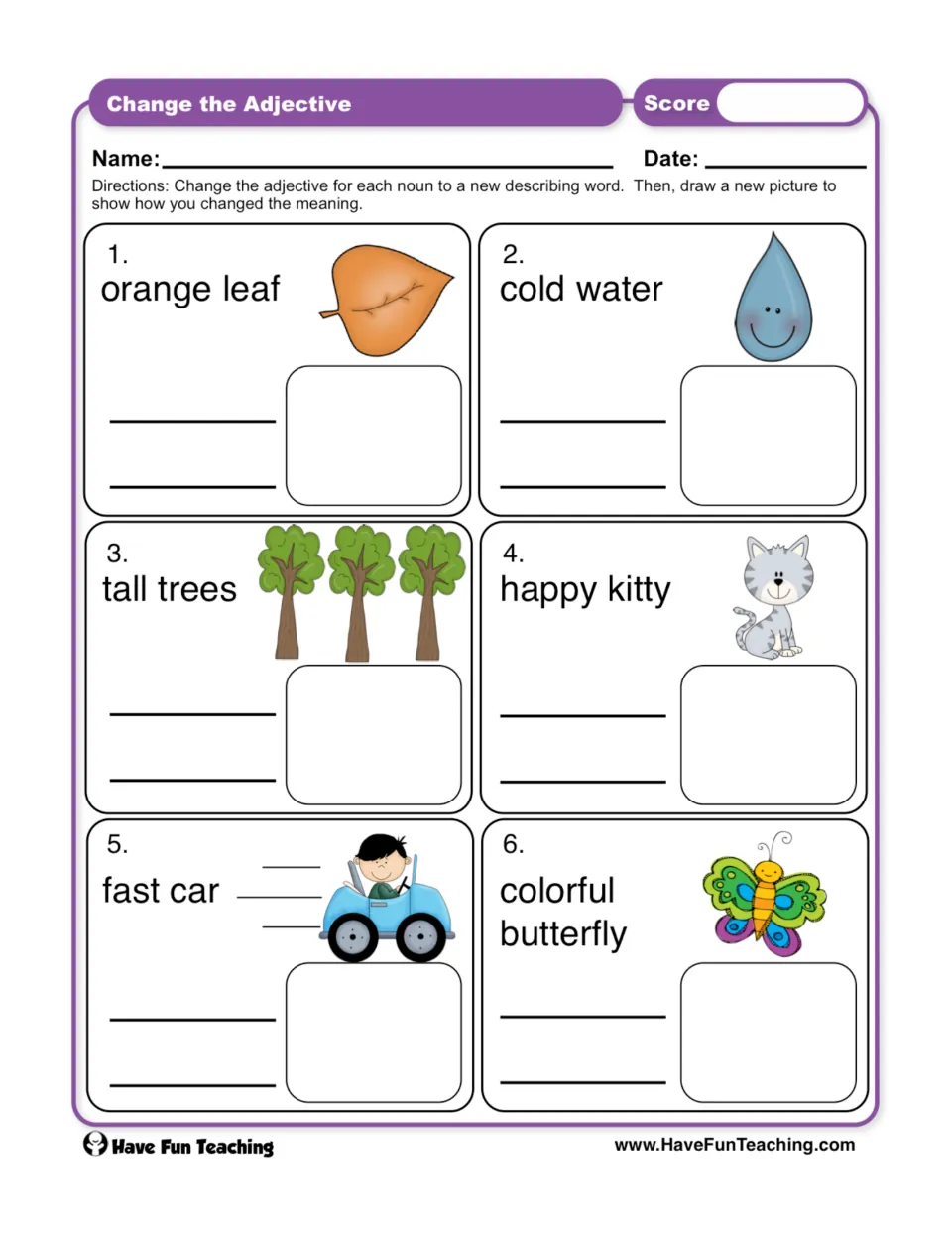 Adjective replacement worksheet with six phrases, including orange leaf and cold water, to change and redraw