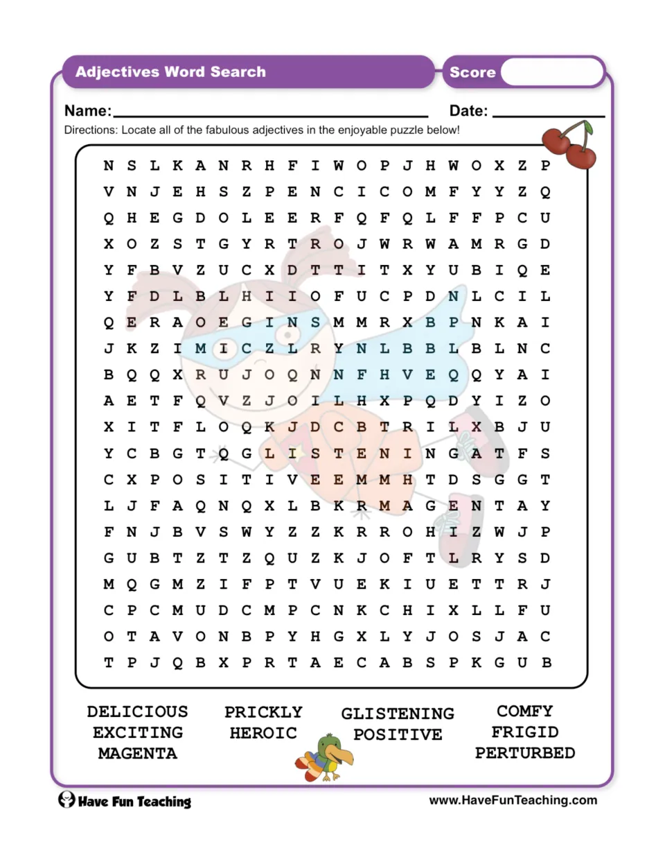 Adjective word search featuring ten words, including delicious, prickly, glistening, comfy, and perturbed