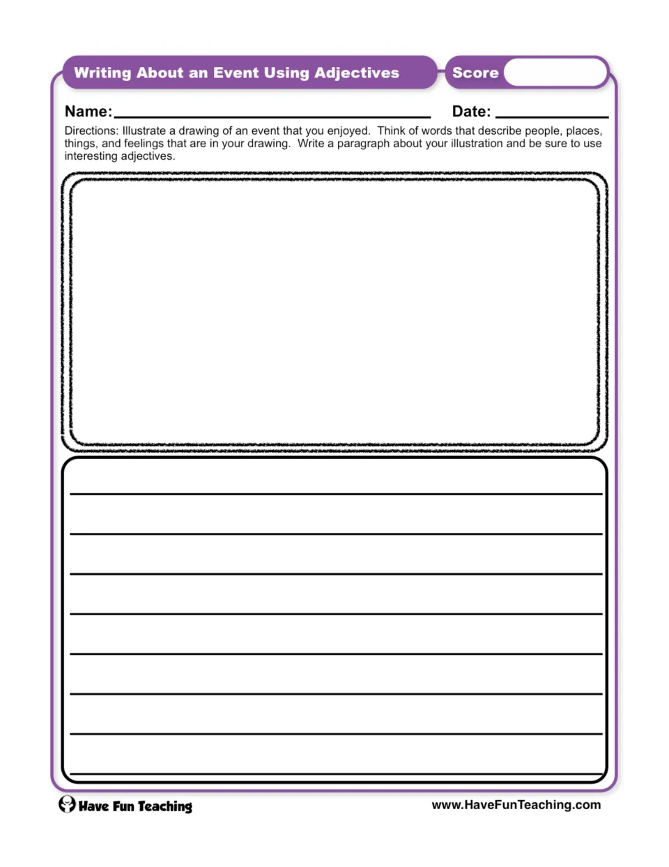 Adjective writing worksheet asking students to draw an enjoyable event and write a paragraph describing it