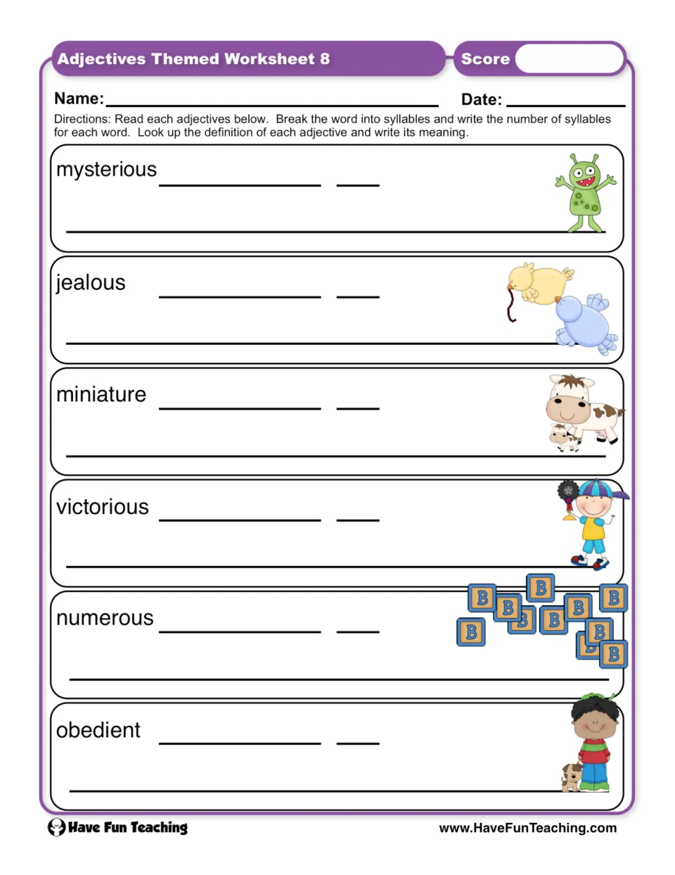 Adjective word study worksheet asking for syllables and meanings of mysterious, jealous, miniature, and three more