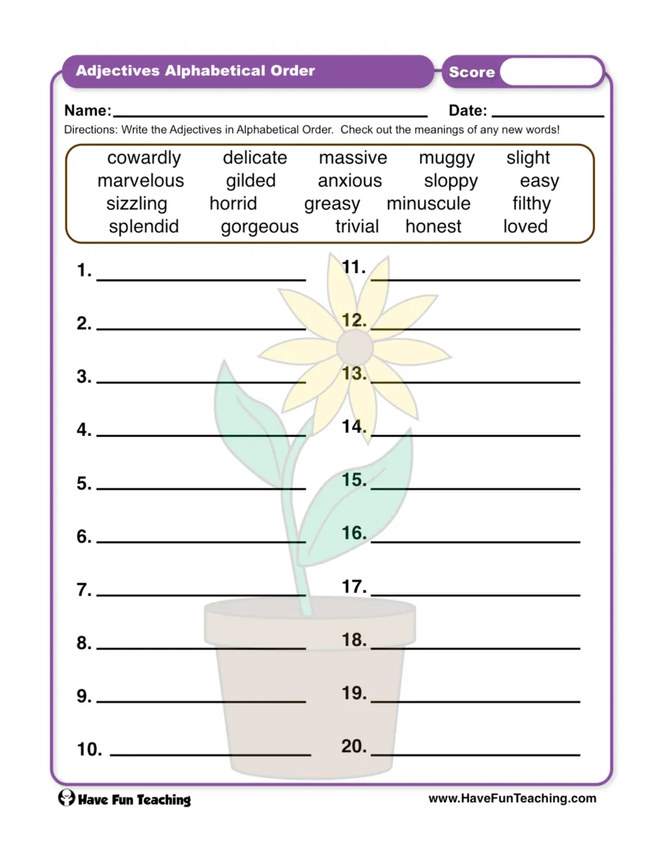 Adjective alphabetical order worksheet asking students to sort 20 words, including cowardly, delicate, and massive