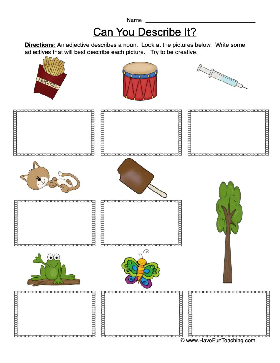 Can You Describe It?: students write adjectives for 8 pictures, like fries, a drum, a cat, a frog and a butterfly