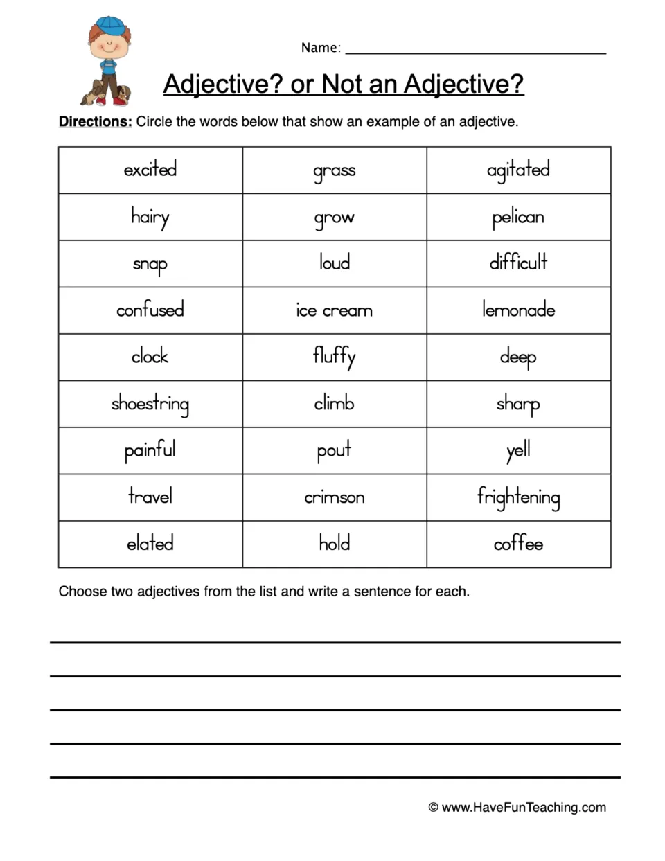 Adjective? or Not an Adjective?: students circle the adjectives among 27 words, then write sentences using two of them