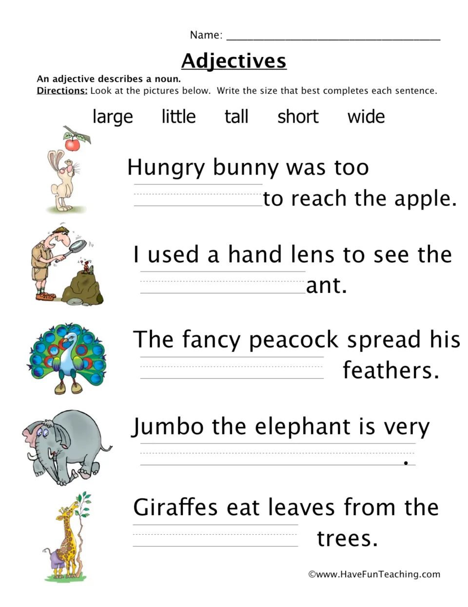 Size adjectives: students pick large, little, tall, short or wide to complete five picture sentences about animals