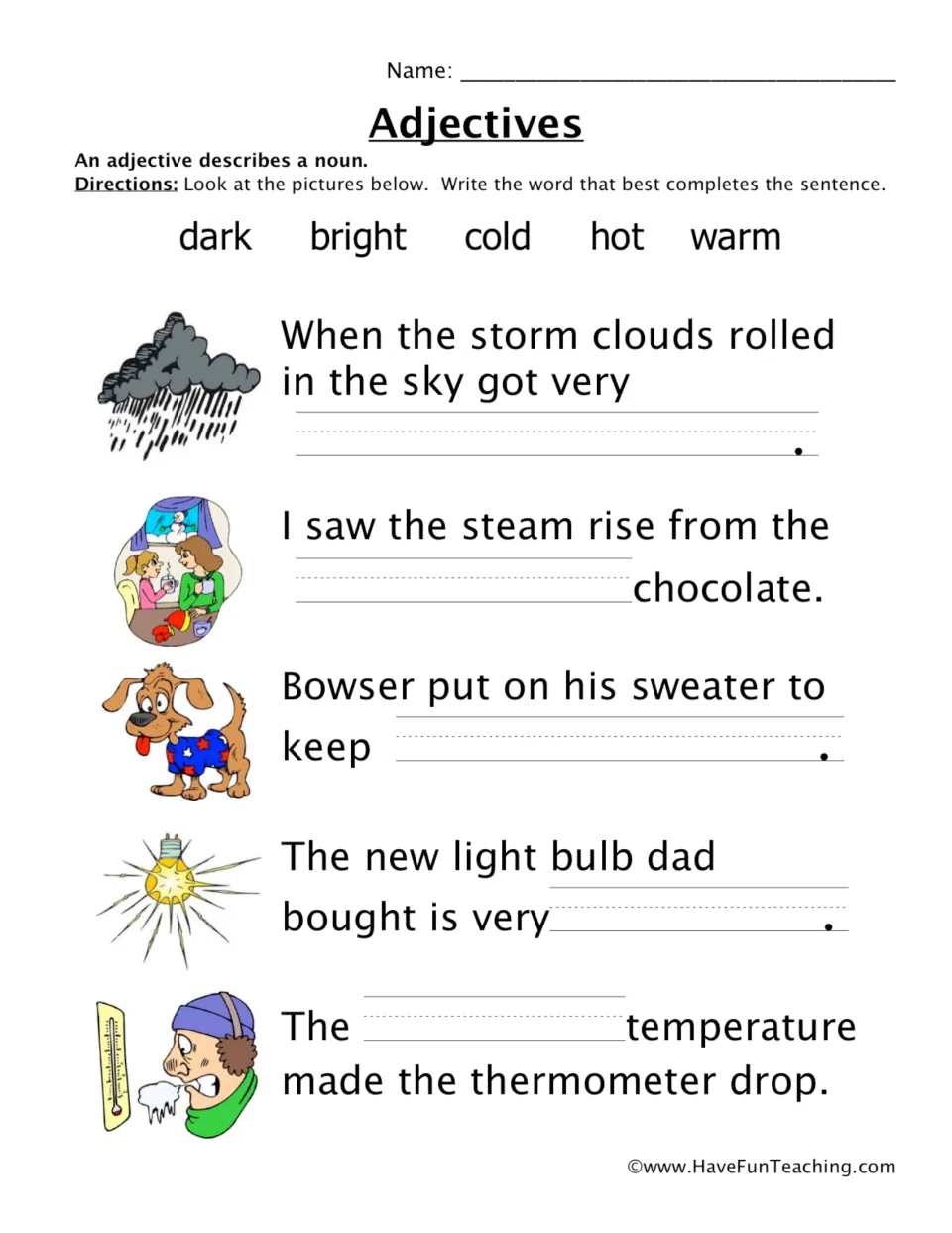 Adjective practice: five picture-supported sentences to complete using dark, bright, cold, hot, and warm.