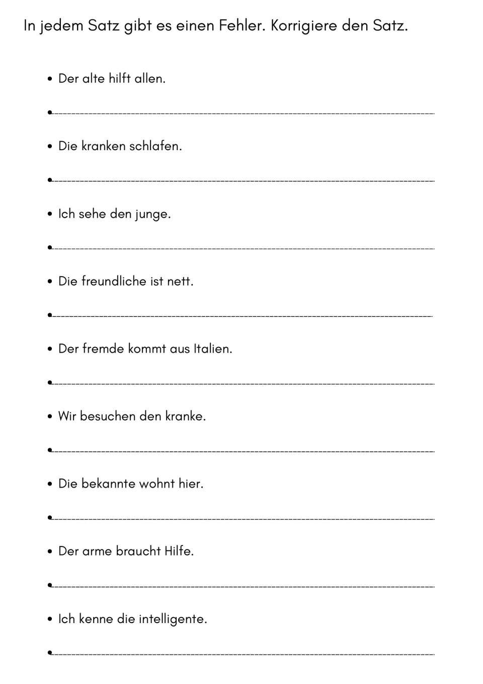 Error correction in German: students rewrite 9 sentences like Der alte hilft allen, fixing the adjective noun