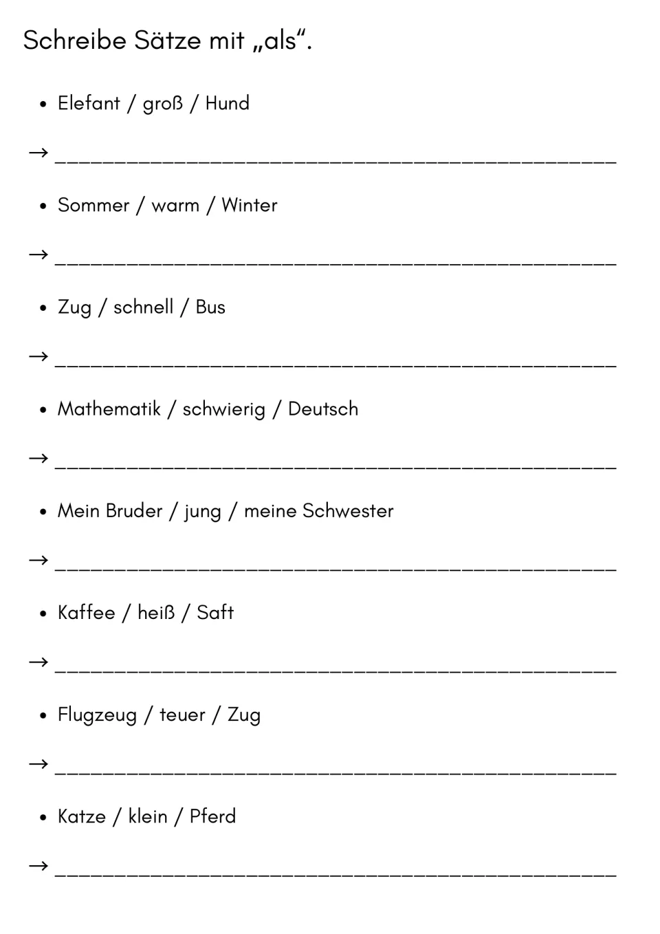 Writing comparison sentences with als: students build 8 sentences from prompts like Elefant / groß / Hund