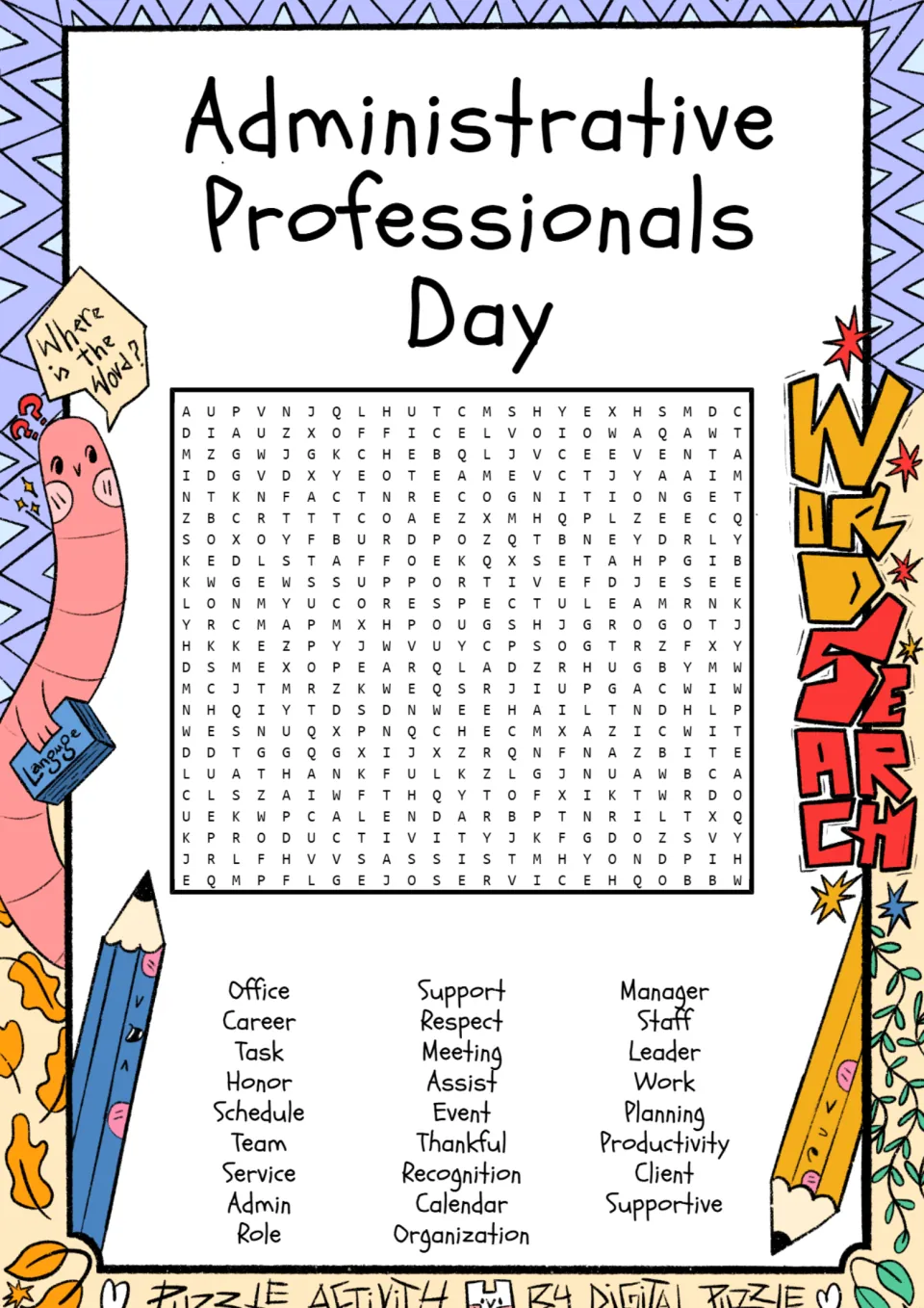 Administrative Professionals Day word search: students find 27 office words such as schedule, meeting and recognition
