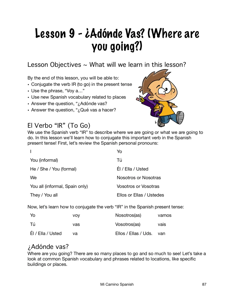 Lesson 9 objectives and the verb IR: personal pronoun review and present-tense chart voy, vas, va, vamos, vais, van
