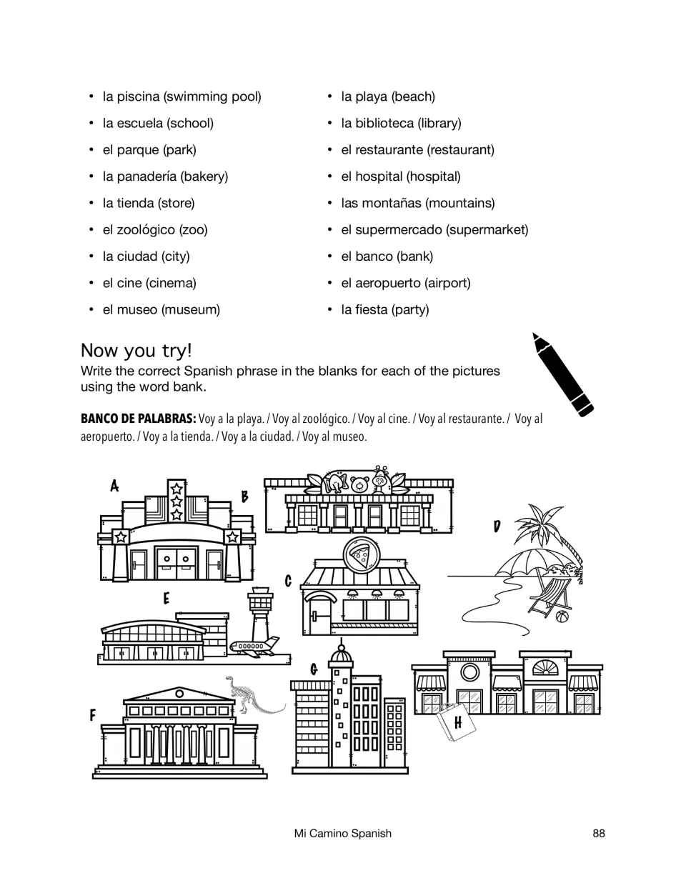 Places vocabulary list, then students label 8 building pictures A to H with phrases like Voy a la playa from a word bank