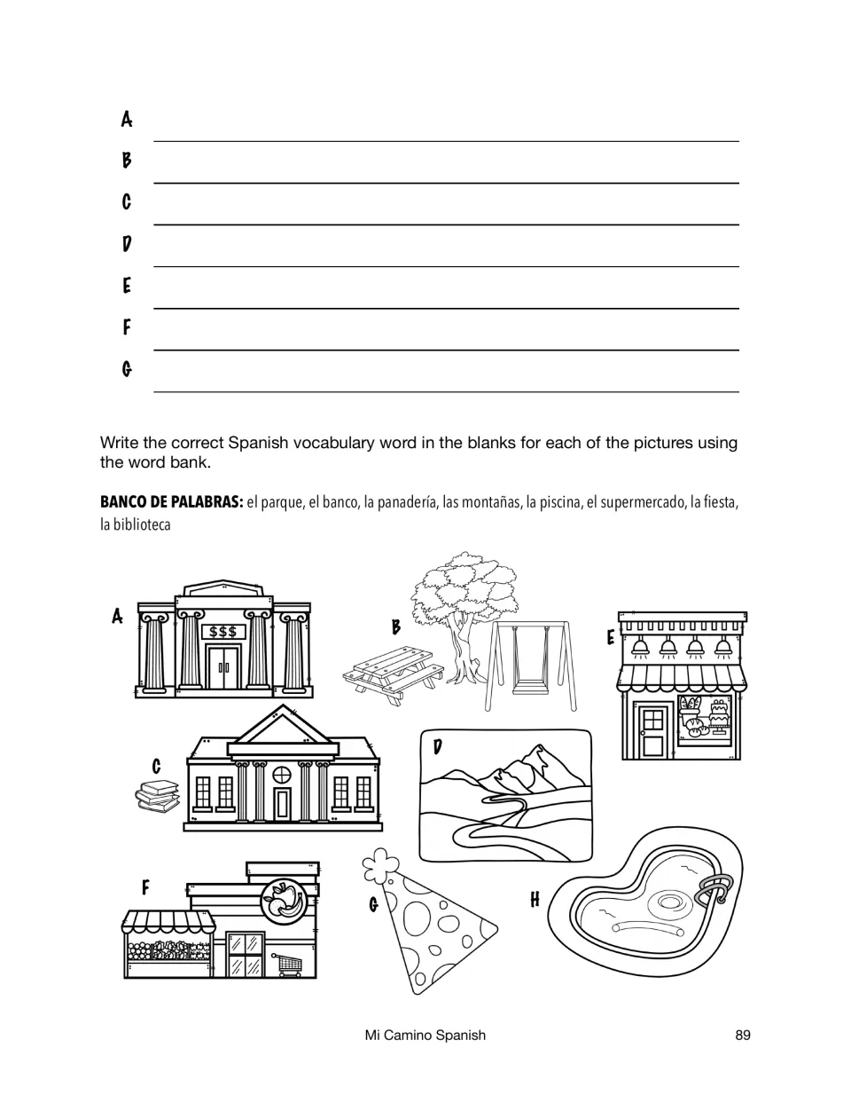 Answer lines for the previous task, then students name 8 place pictures such as bank, park and pool using a word bank