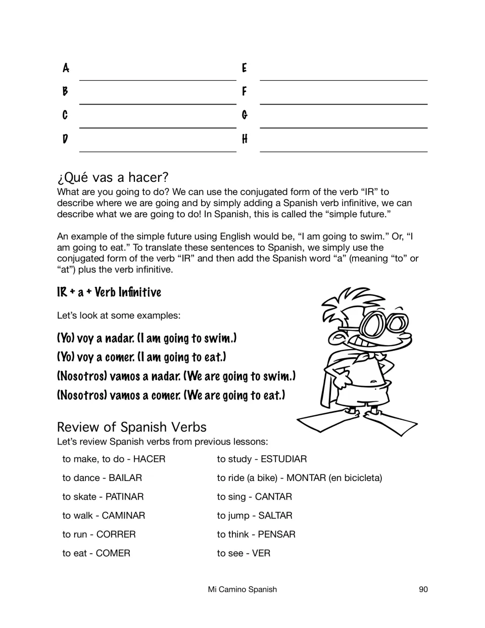 Simple future with IR + a + infinitive: examples like Voy a nadar, with a review list of verbs such as bailar and correr