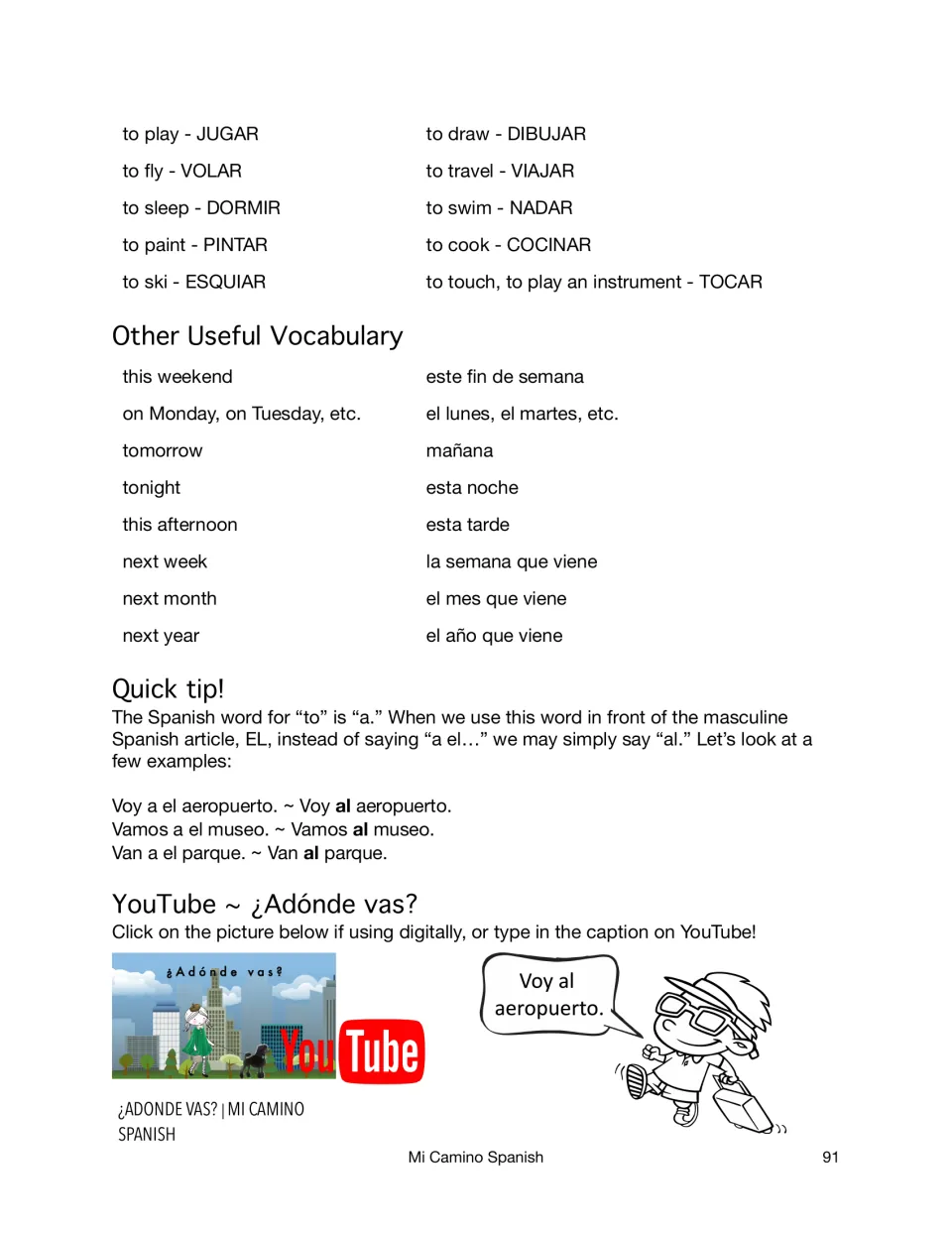 Verb list continues with time words like este fin de semana, a tip on contracting a el to al, and a YouTube video link