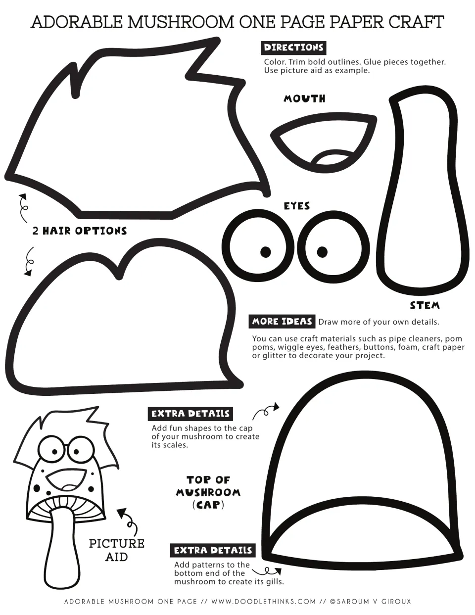Mushroom craft template: cap, stem, eyes, mouth and two hair options to color, cut out and glue together