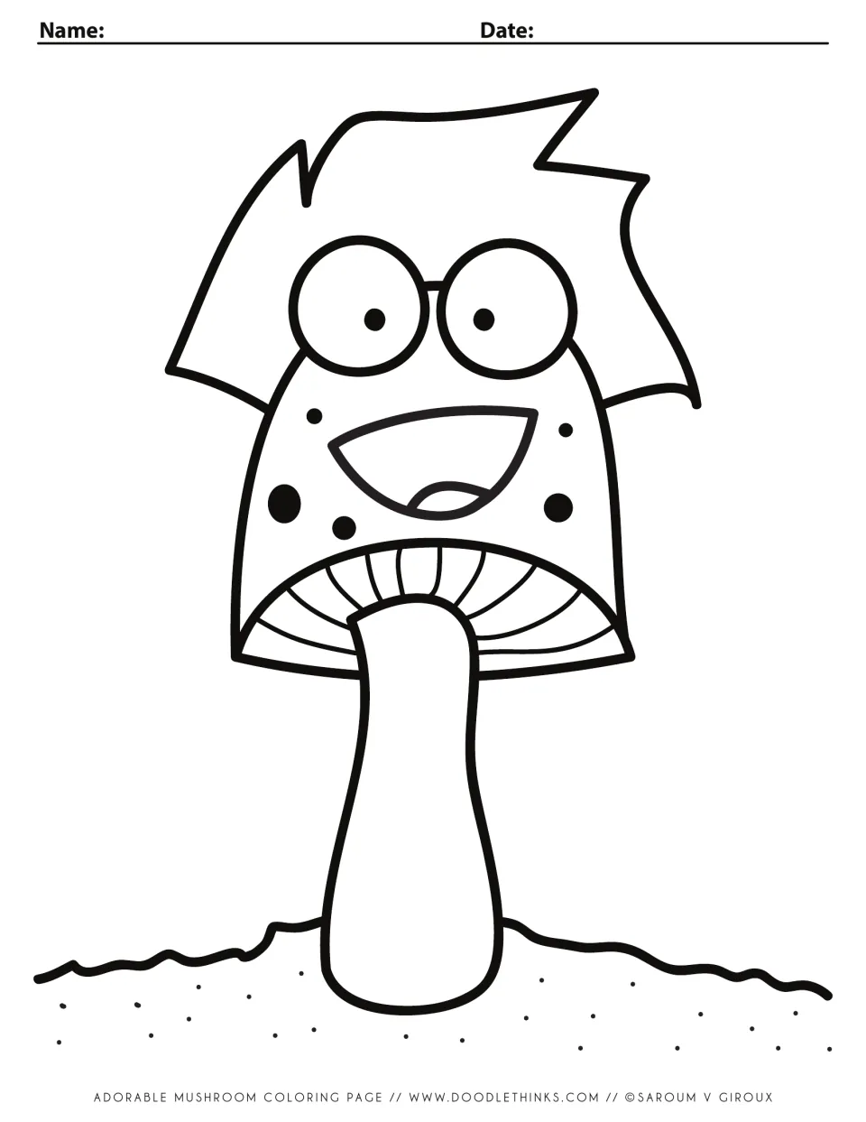 Mushroom craft companion coloring page showing a smiling mushroom with spiky hair, spots, gills and a stem
