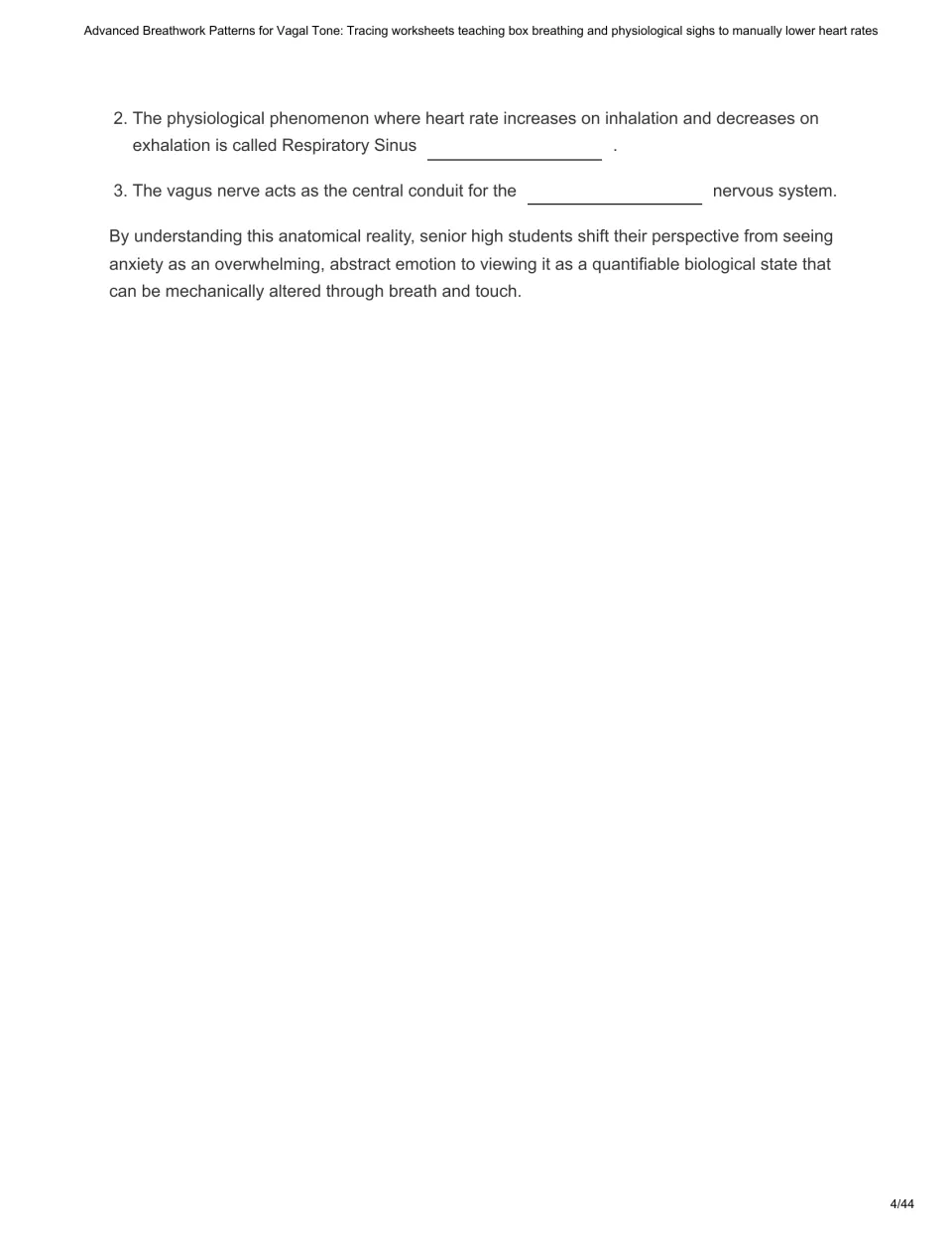 Chapter 1 continuation asks students to complete terms for respiratory sinus arrhythmia and a nervous system