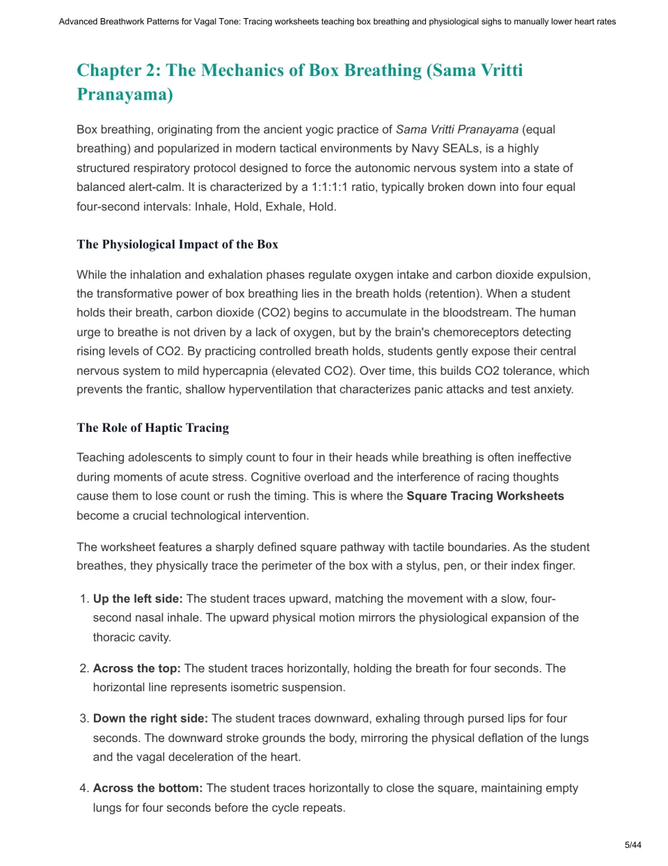 Chapter 2 introduces box breathing's 1:1:1:1 ratio and four tracing steps paired with inhaling and holding