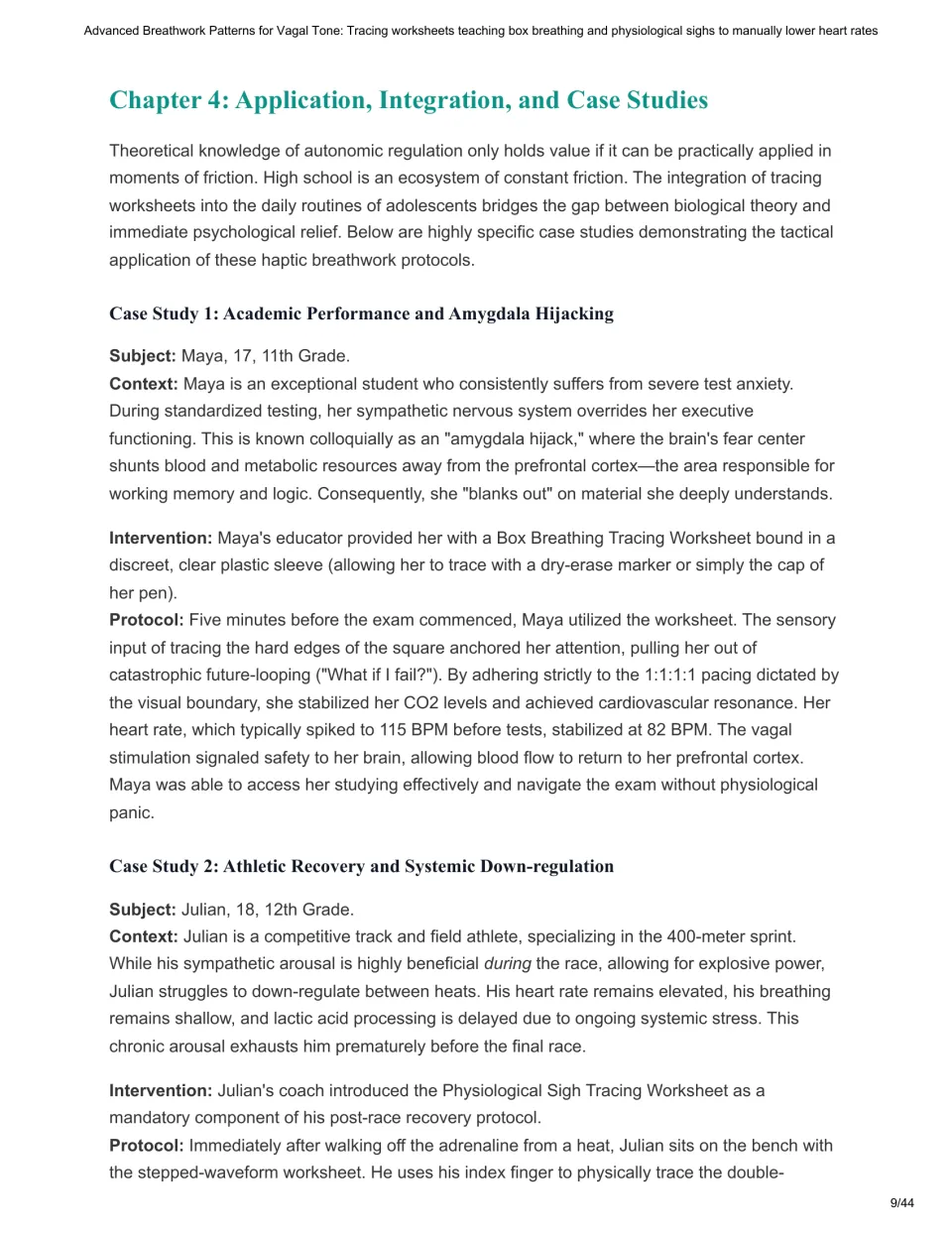Chapter 4 presents Maya's test anxiety case study and begins Julian's athletic recovery breathwork case