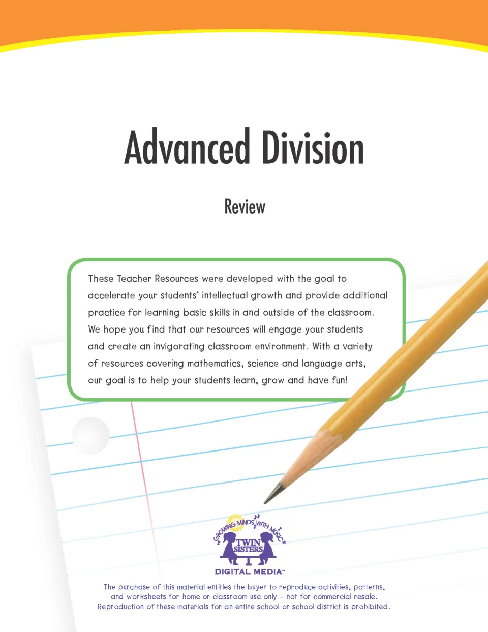 Advanced Division Review cover from Twin Sisters Digital Media with a note to teachers and classroom-use copying terms