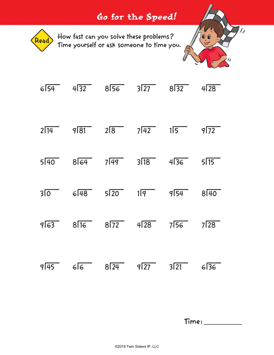 Go for the Speed: students time themselves solving 36 one-digit division facts like 6)54 and 9)81, then record their time