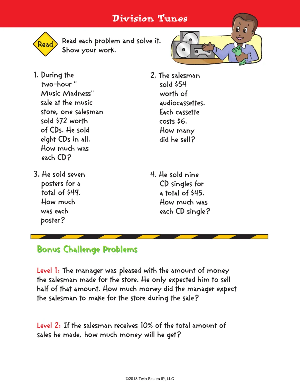 Division Tunes: students solve four music store price word problems plus two bonus problems using half and 10% of sales