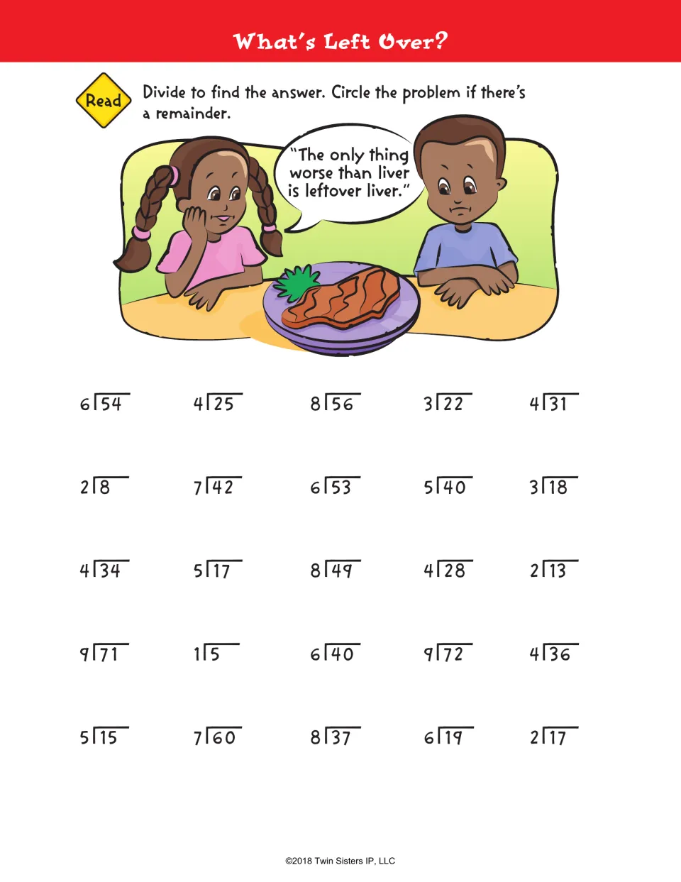 What's Left Over: students solve 25 division problems and circle each one with a remainder, beside a leftover liver joke