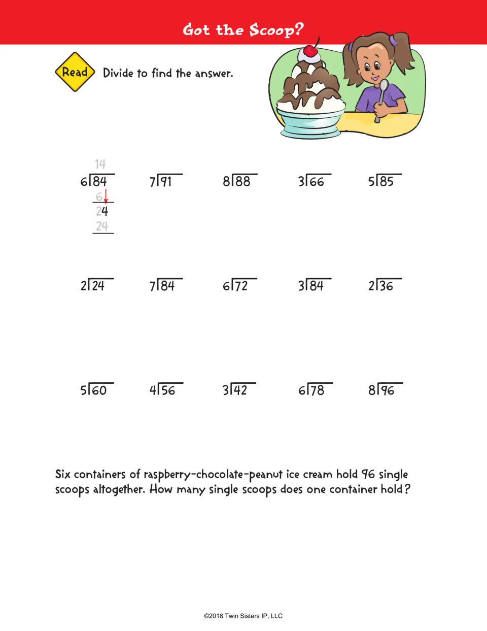 Got the Scoop: students divide 2-digit dividends after a worked 84 ÷ 6 = 14, then solve an ice cream word problem