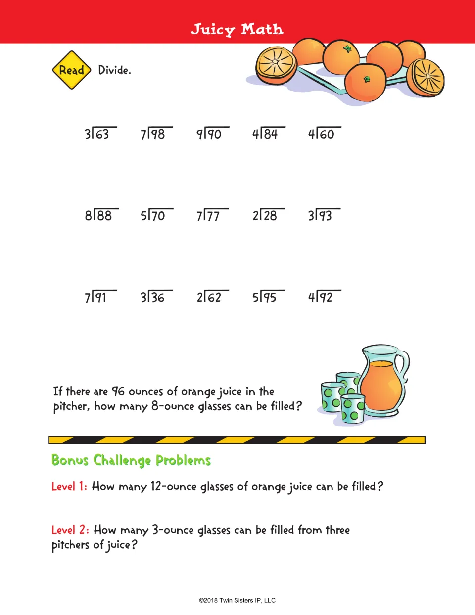 Juicy Math: students divide 15 problems like 98 ÷ 7, then find how many 8-ounce glasses 96 ounces of orange juice fill