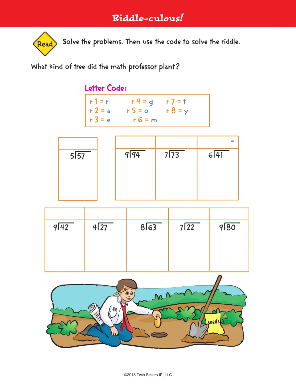 Riddle-culous: students solve 9 division problems and decode their remainders into letters to answer a math tree riddle