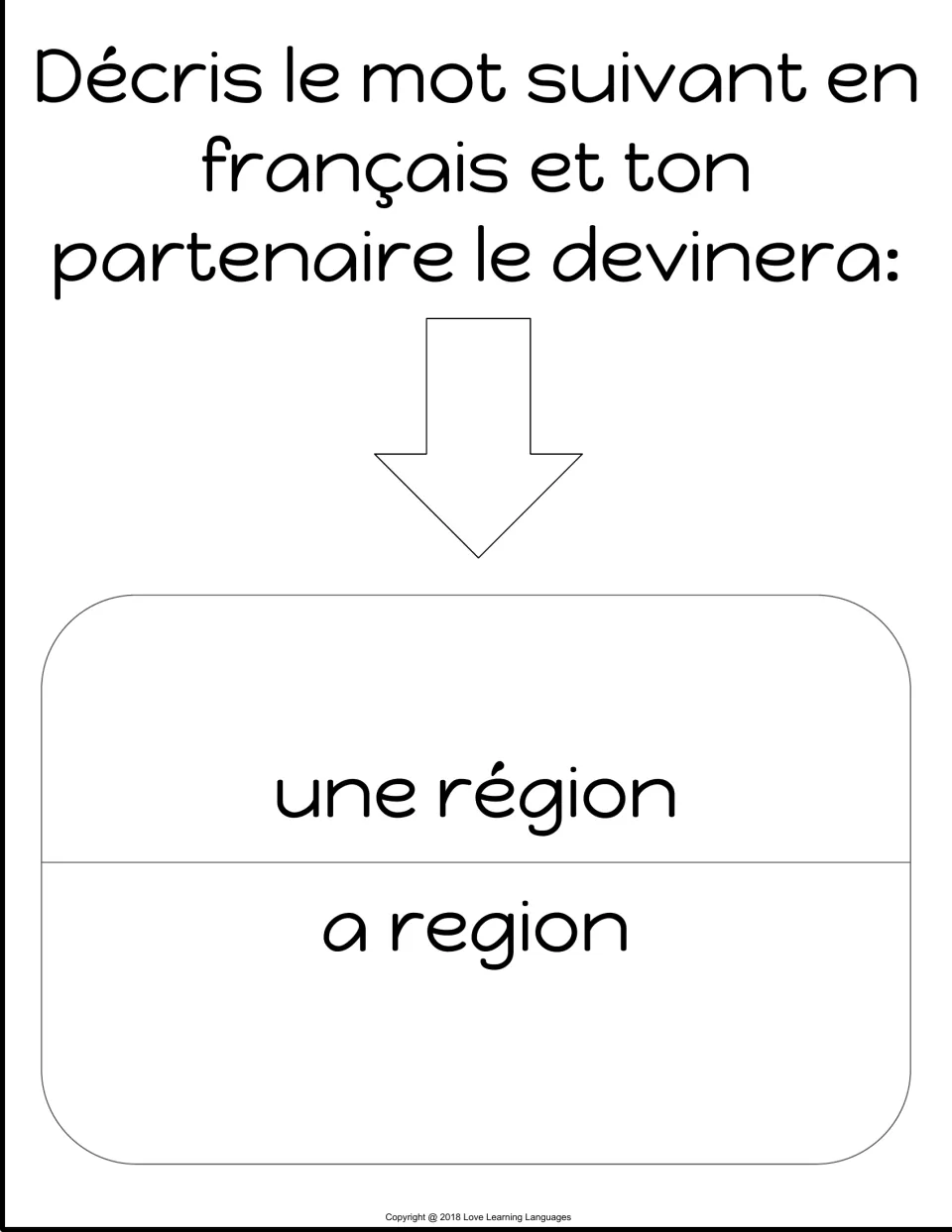 French speaking card 3: une région (a region), to describe in French for a partner to guess.
