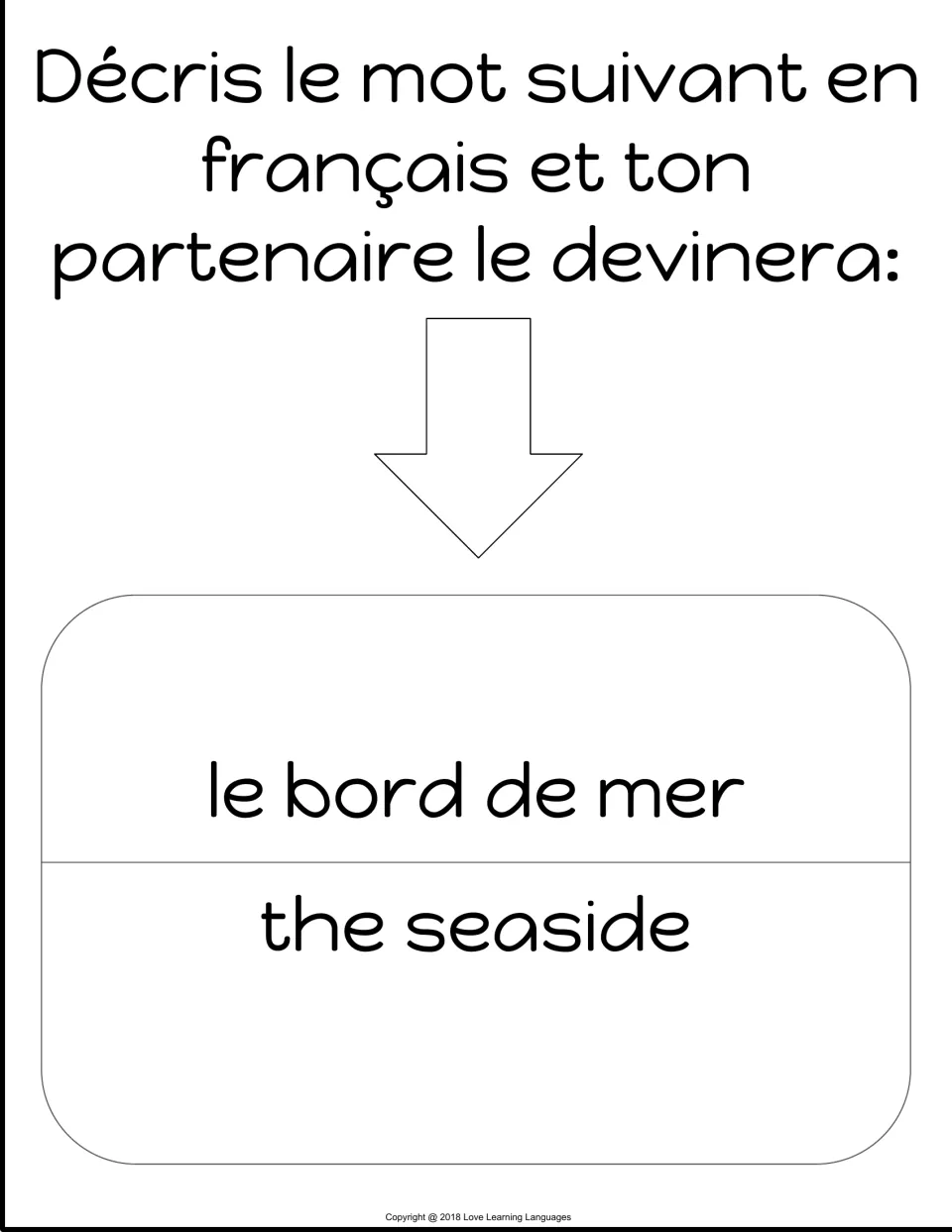French speaking card 6: le bord de mer (the seaside), to describe in French for a partner to guess.