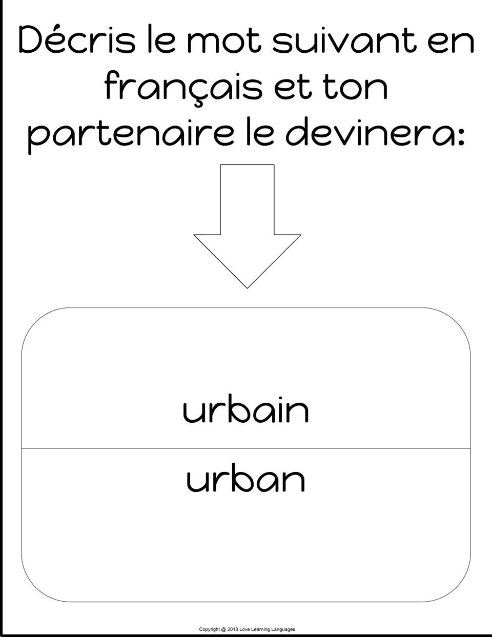 French speaking card 10: urbain (urban), to describe in French so a partner can guess the word.